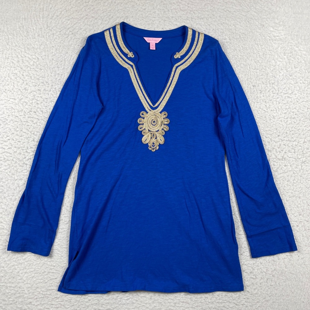 Lilly Pulitzer Tunic Top Womens Medium Blue Gold Soutache‎ Embroidery 83203